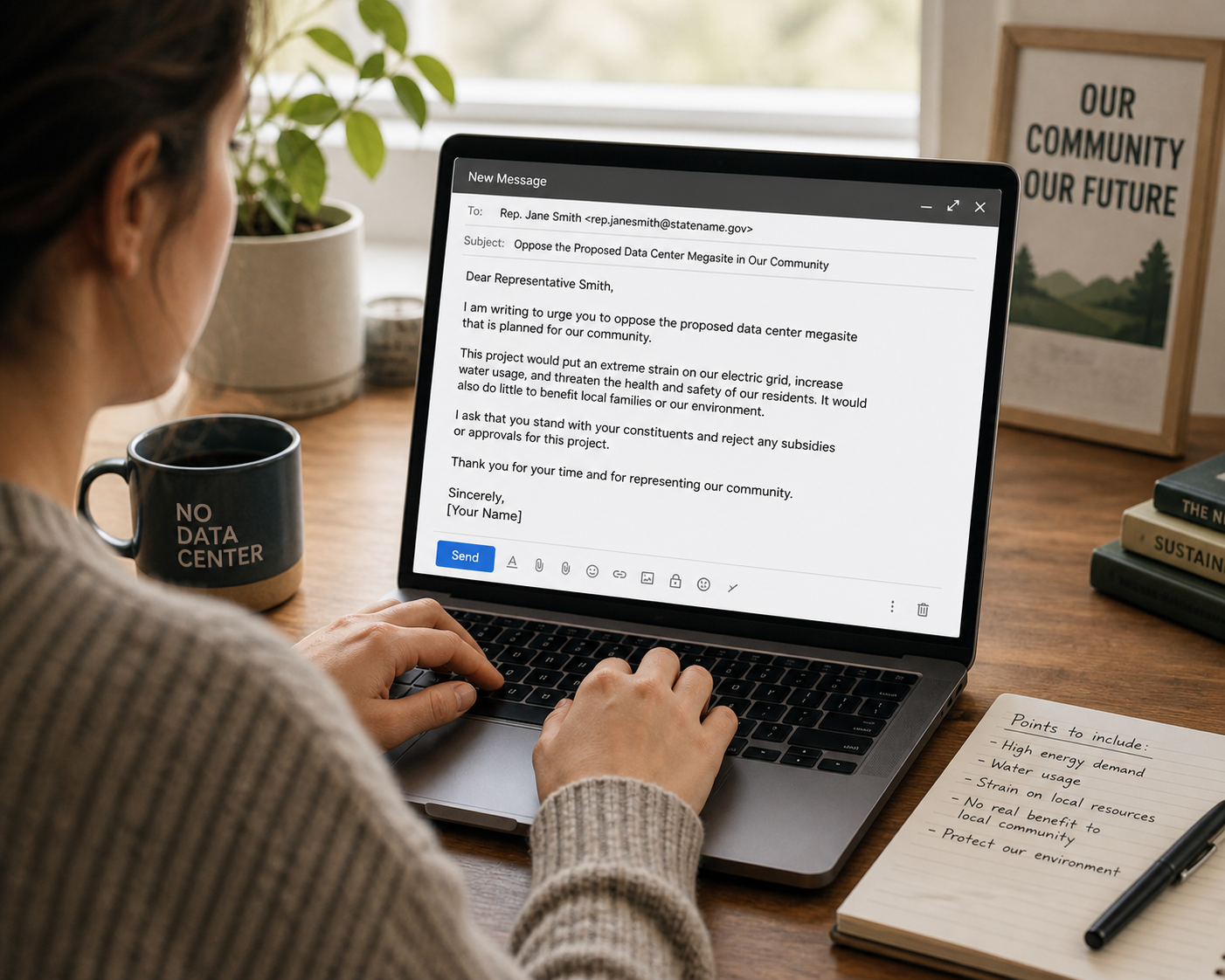 Neighbor at a home desk typing an email—a warm reminder that civic comments start with everyday people sitting down to write.